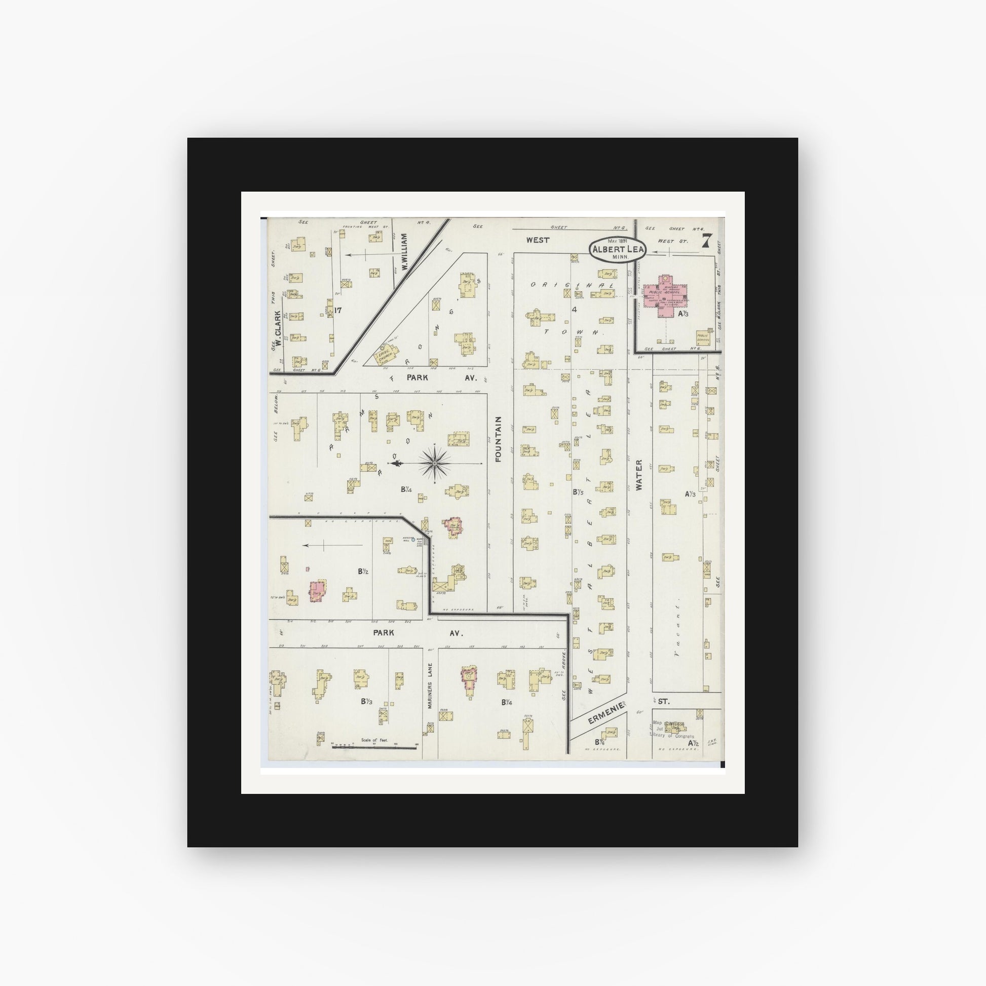 Old map wall art mockup — black gallery frame with white mat — Sanborn Fire Insurance Map from Albert Lea, Freeborn County, Minnesota (1891), Sheet #0007