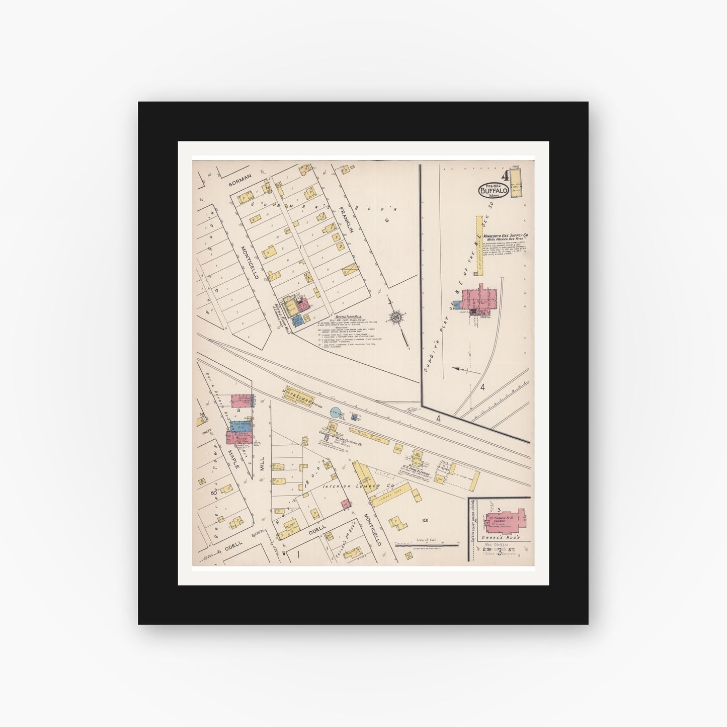 Old map wall art mockup — black gallery frame with white mat — Sanborn Fire Insurance Map from Buffalo, Wright County, Minnesota (1922), Sheet #0004