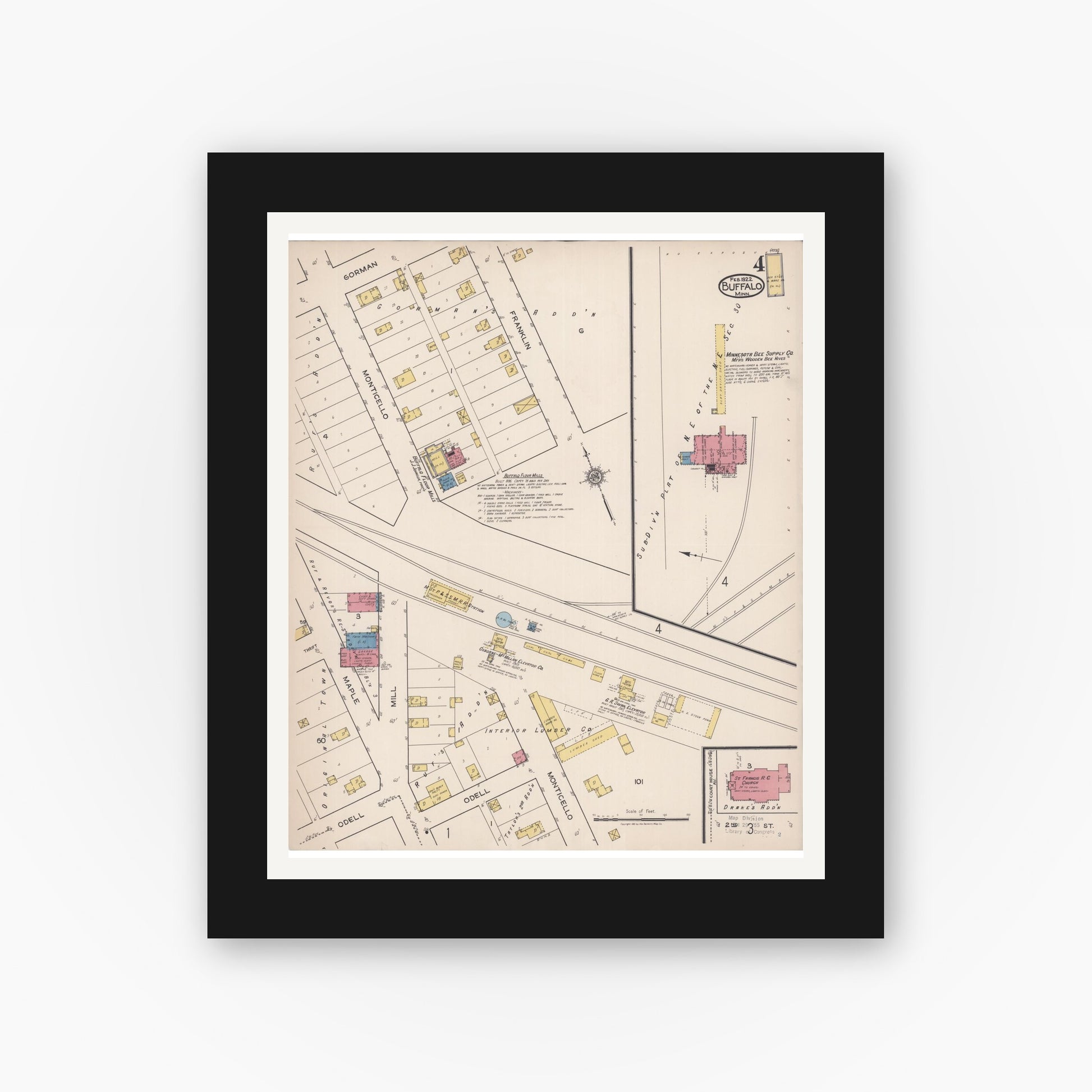 Old map wall art mockup — black gallery frame with white mat — Sanborn Fire Insurance Map from Buffalo, Wright County, Minnesota (1922), Sheet #0004