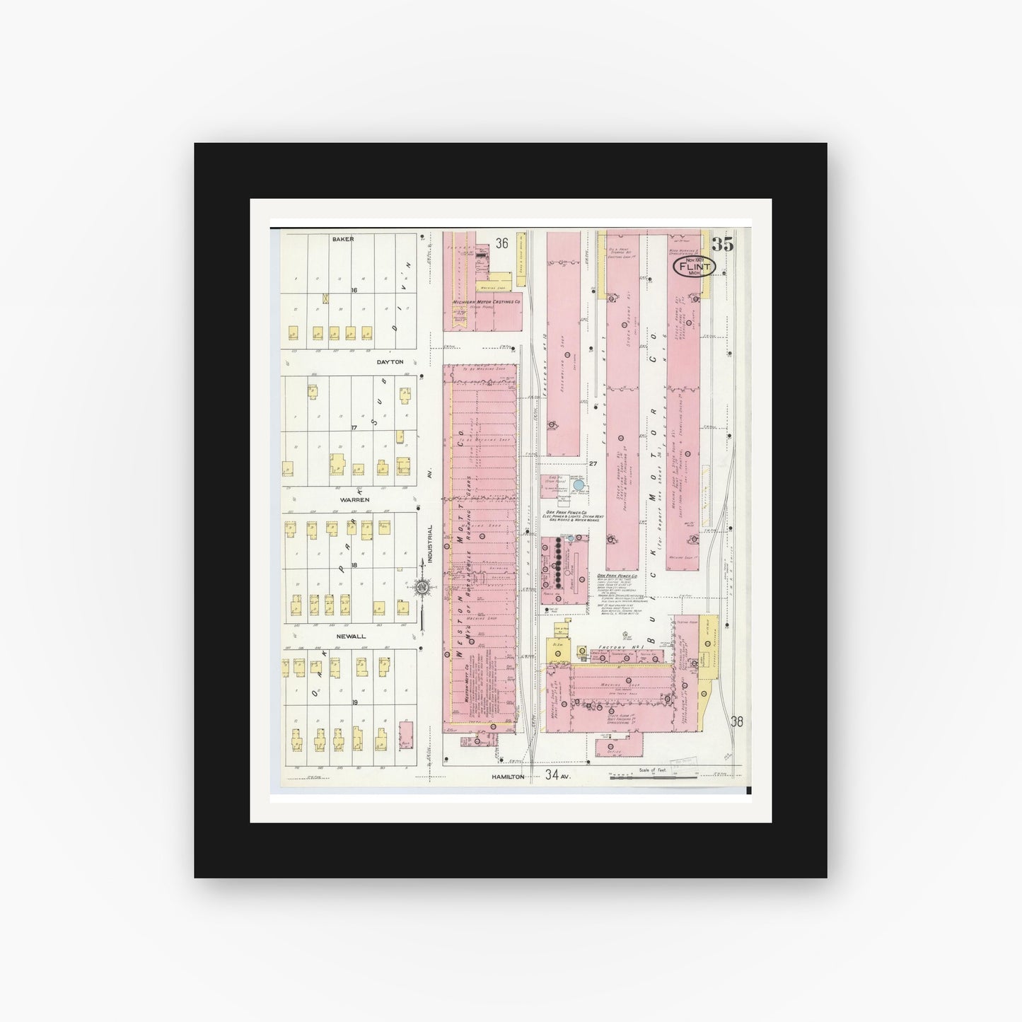 Old map wall art mockup — black gallery frame with white mat — Sanborn Fire Insurance Map from Flint, Genesee County, Michigan (1909), Sheet #0035