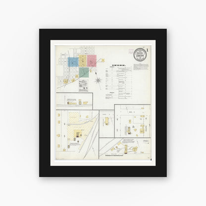Old map wall art mockup — black gallery frame with white mat — Sanborn Fire Insurance Map from Cameron, Milam County, Texas (1906), Sheet #0001