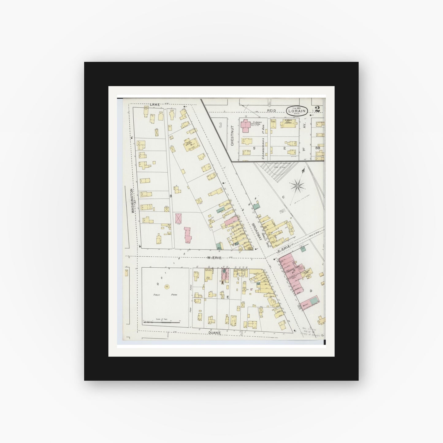 Old map wall art mockup — black gallery frame with white mat — Sanborn Fire Insurance Map from Lorain, Lorain County, Ohio (1893), Sheet #0002