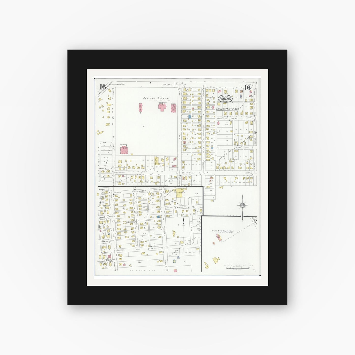 Old map wall art mockup — black gallery frame with white mat — Sanborn Fire Insurance Map from Ashland, Ashland County, Ohio (1930), Sheet #0016