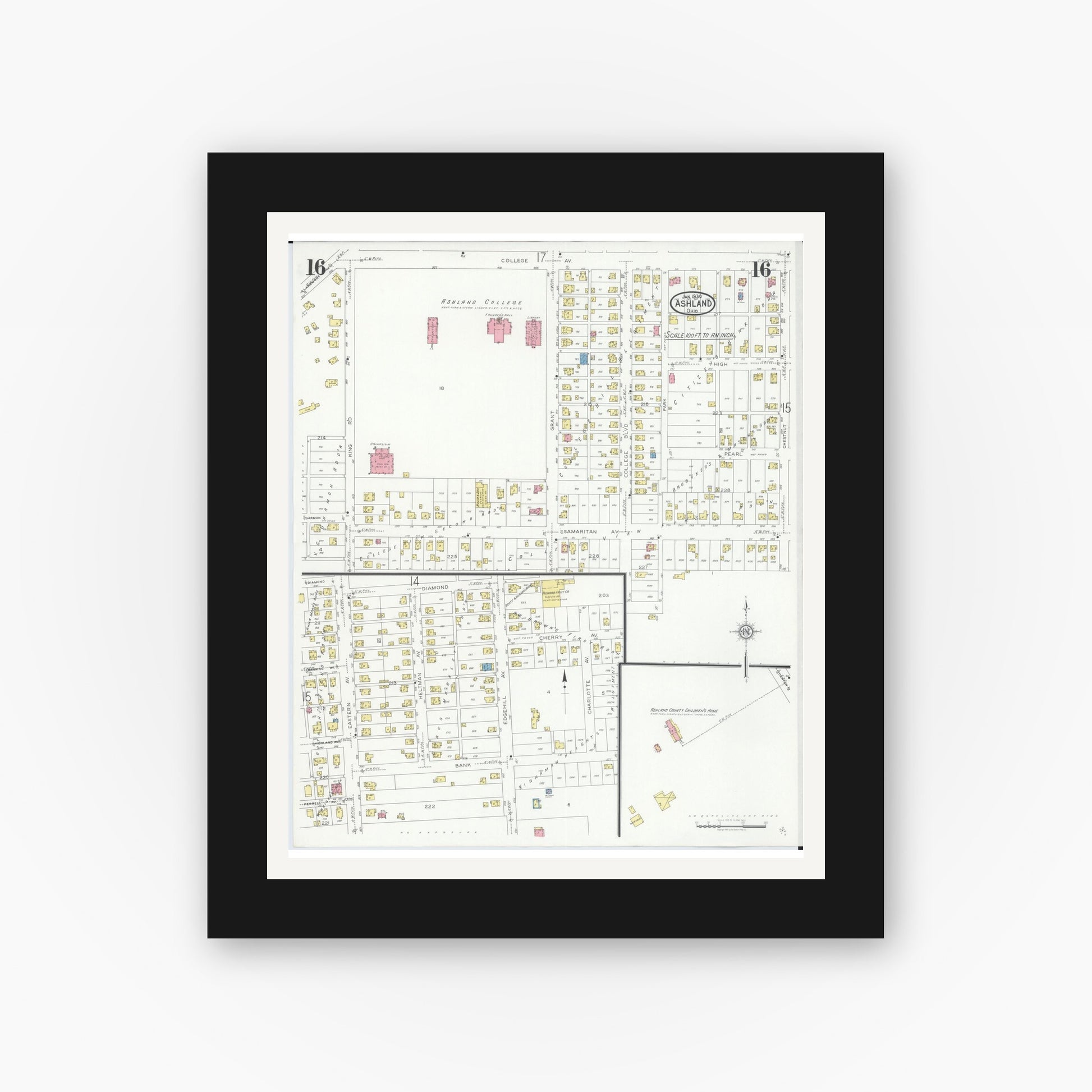 Old map wall art mockup — black gallery frame with white mat — Sanborn Fire Insurance Map from Ashland, Ashland County, Ohio (1930), Sheet #0016