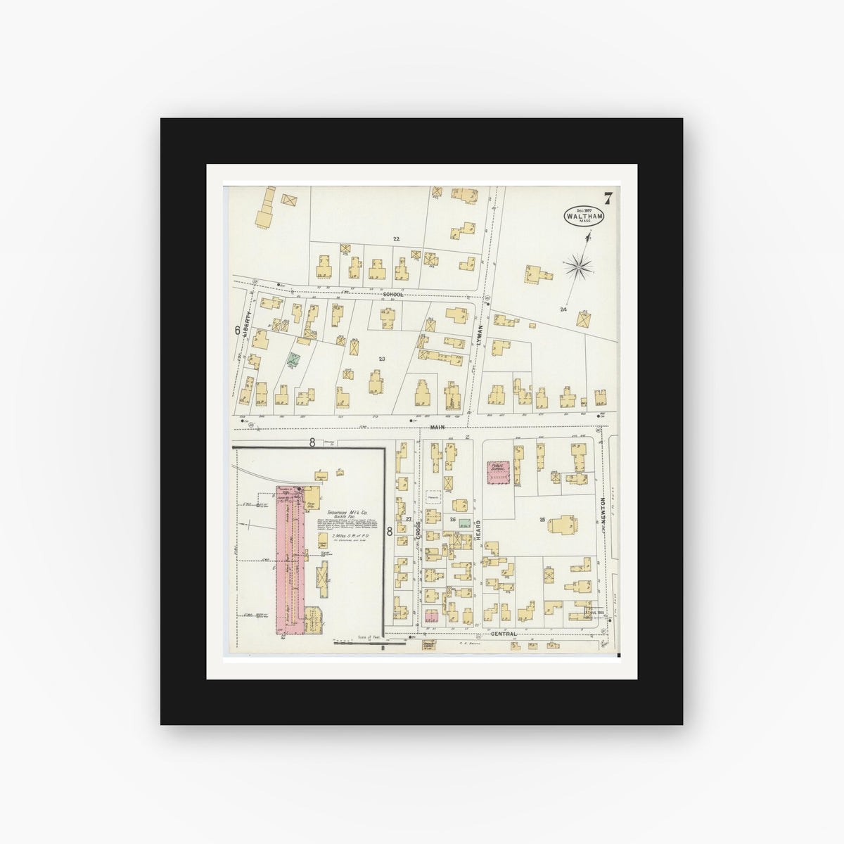 Old map wall art mockup — black gallery frame with white mat — Sanborn Fire Insurance Map from Waltham, Middlesex County, Massachusetts (1897), Sheet #0007