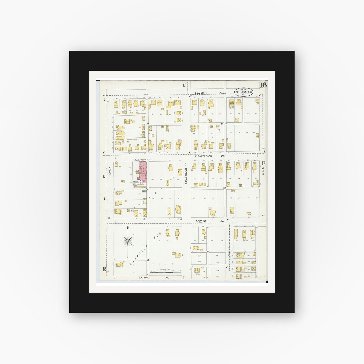 Old map wall art mockup — black gallery frame with white mat — Sanborn Fire Insurance Map from Bellefontaine, Logan County, Ohio (1901), Sheet #0016