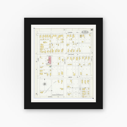 Old map wall art mockup — black gallery frame with white mat — Sanborn Fire Insurance Map from Bellefontaine, Logan County, Ohio (1901), Sheet #0016