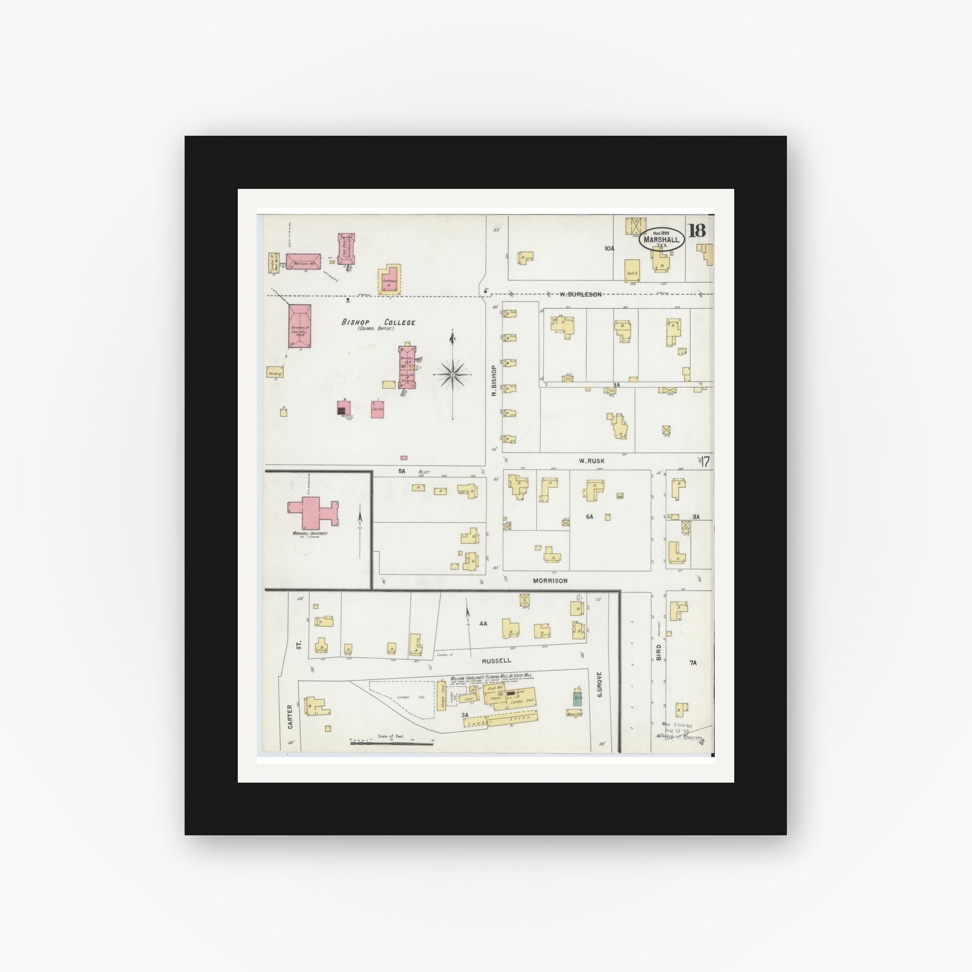 Old map wall art mockup — black gallery frame with white mat — Sanborn Fire Insurance Map from Marshall, Harrison County, Texas (1899), Sheet #0018