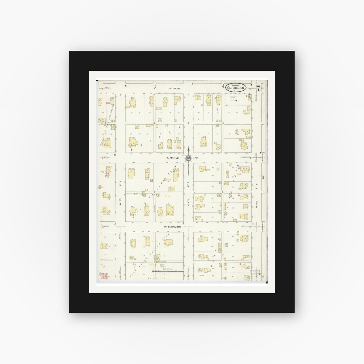 Old map wall art mockup — black gallery frame with white mat — Sanborn Fire Insurance Map from Carrollton, Greene County, Illinois (1914), Sheet #0007