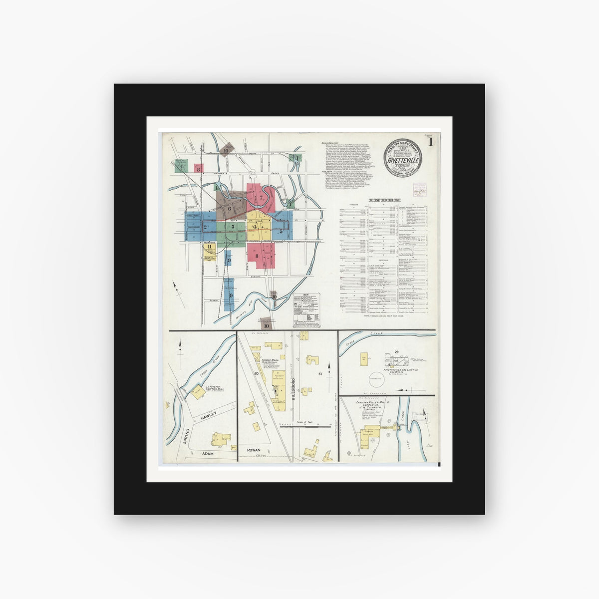 Old map wall art mockup — black gallery frame with white mat — Sanborn Fire Insurance Map from Fayetteville, Cumberland County, North Carolina (1908) - Complete Map Set