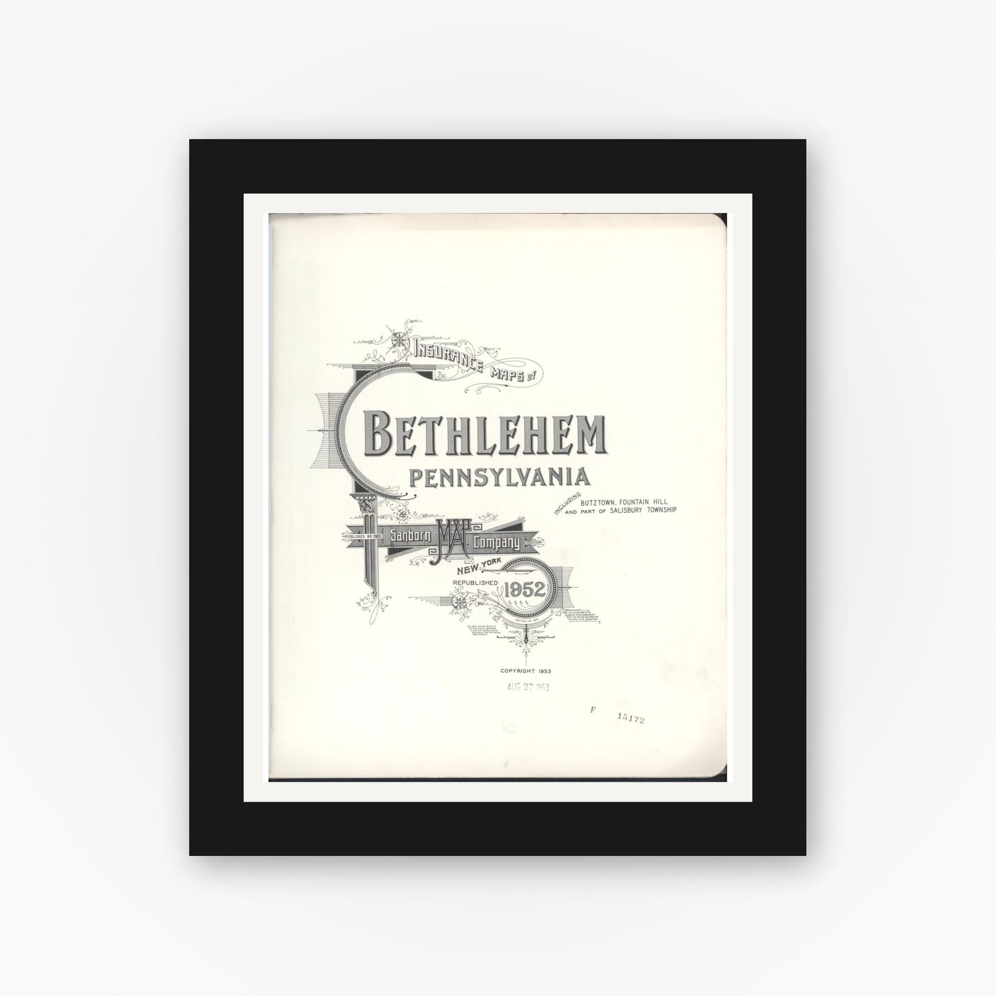 Old map wall art mockup — black gallery frame with white mat — Sanborn Fire Insurance Map from Bethlehem, Northampton And Lehigh Counties, Pennsylvania (1952), Sheet #0001
