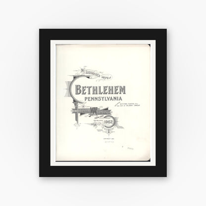 Old map wall art mockup — black gallery frame with white mat — Sanborn Fire Insurance Map from Bethlehem, Northampton And Lehigh Counties, Pennsylvania (1952), Sheet #0001