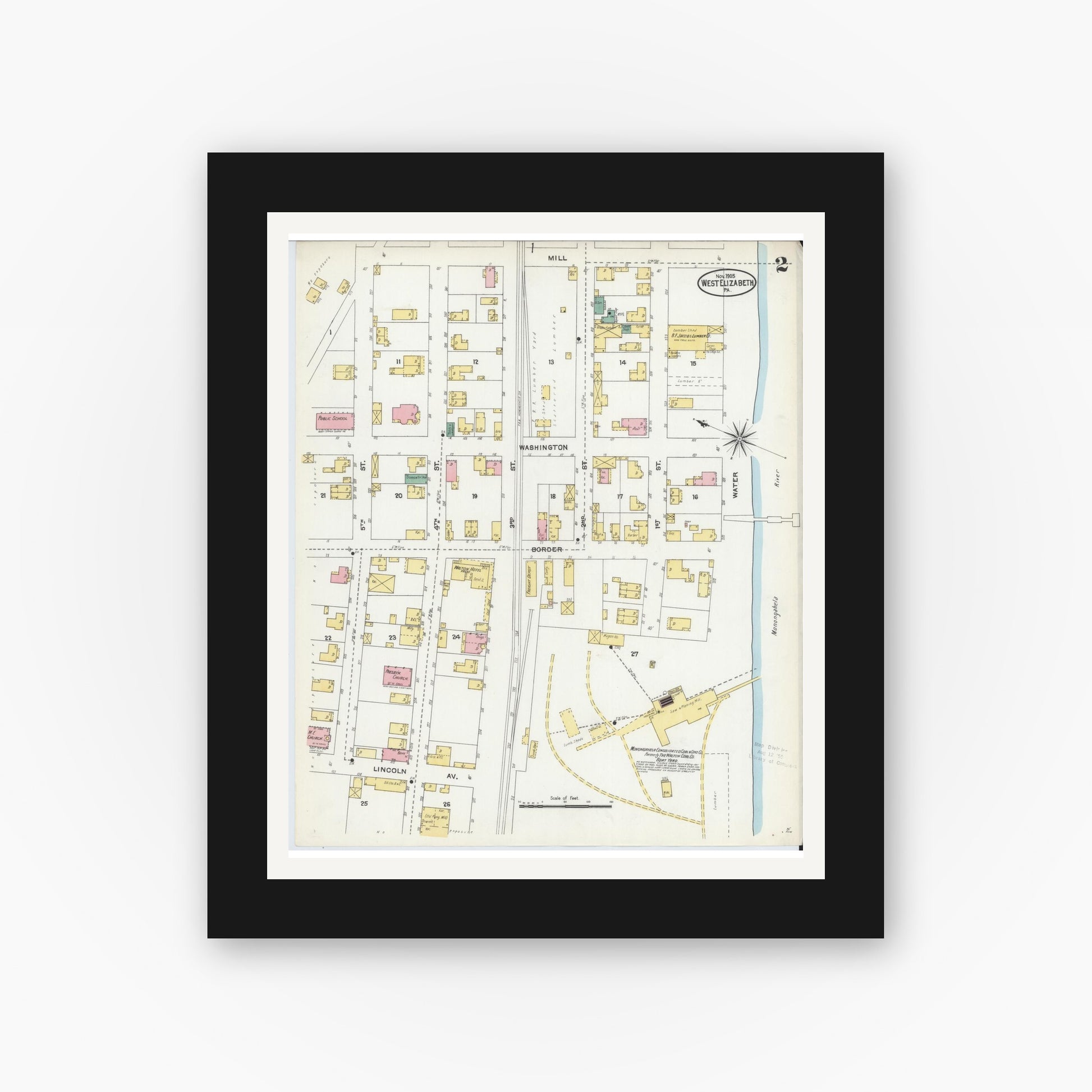 Old map wall art mockup — black gallery frame with white mat — Sanborn Fire Insurance Map from West Elizabeth, Allegheny County, Pennsylvania (1905), Sheet #0002