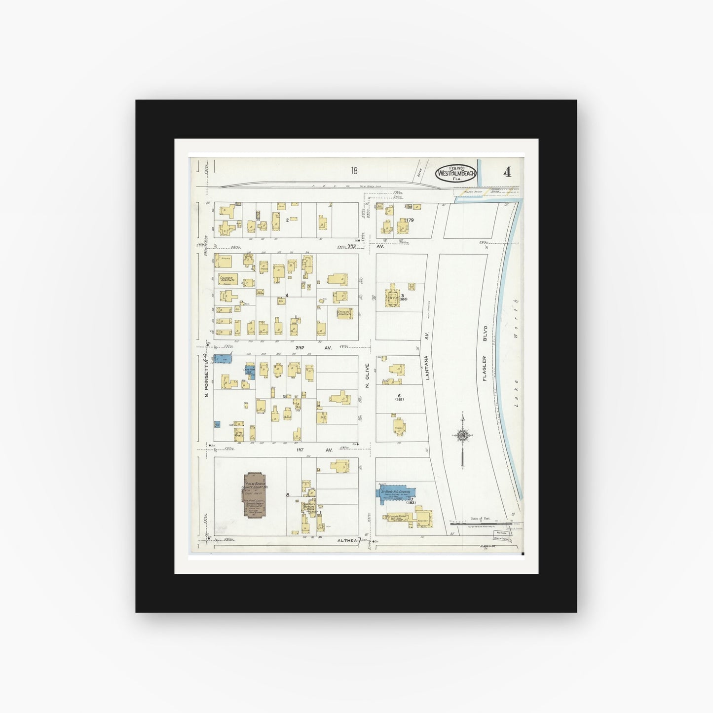 Old map wall art mockup — black gallery frame with white mat — Sanborn Fire Insurance Map from West Palm Beach, Dade County, Florida (1920), Sheet #0004