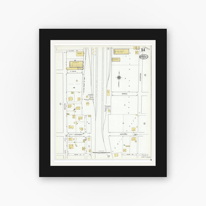 Old map wall art mockup — black gallery frame with white mat — Sanborn Fire Insurance Map from McKinney, Collin County, Texas (1920), Sheet #0014