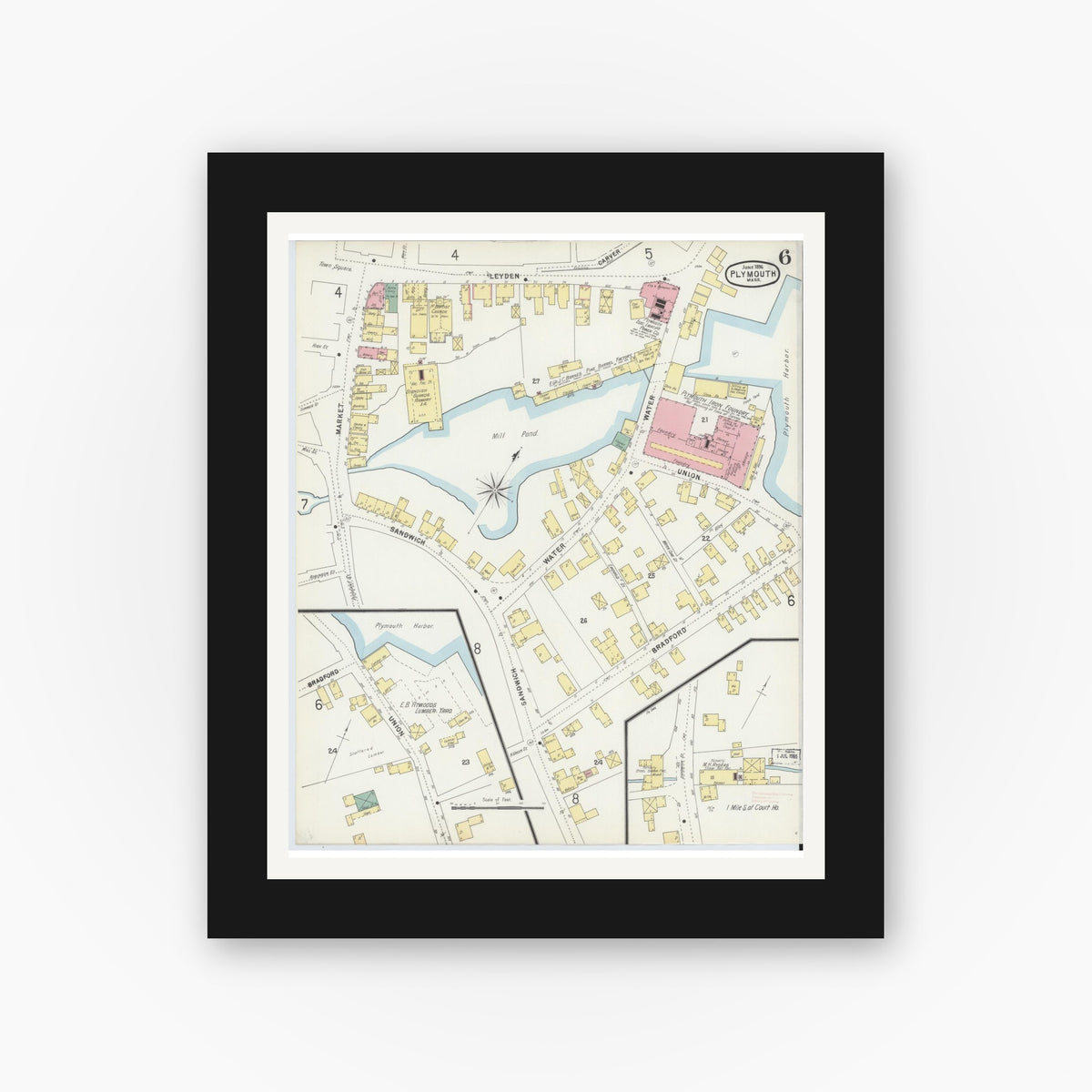Old map wall art mockup — black gallery frame with white mat — Sanborn Fire Insurance Map from Plymouth, Plymouth County, Massachusetts (1896), Sheet #0006
