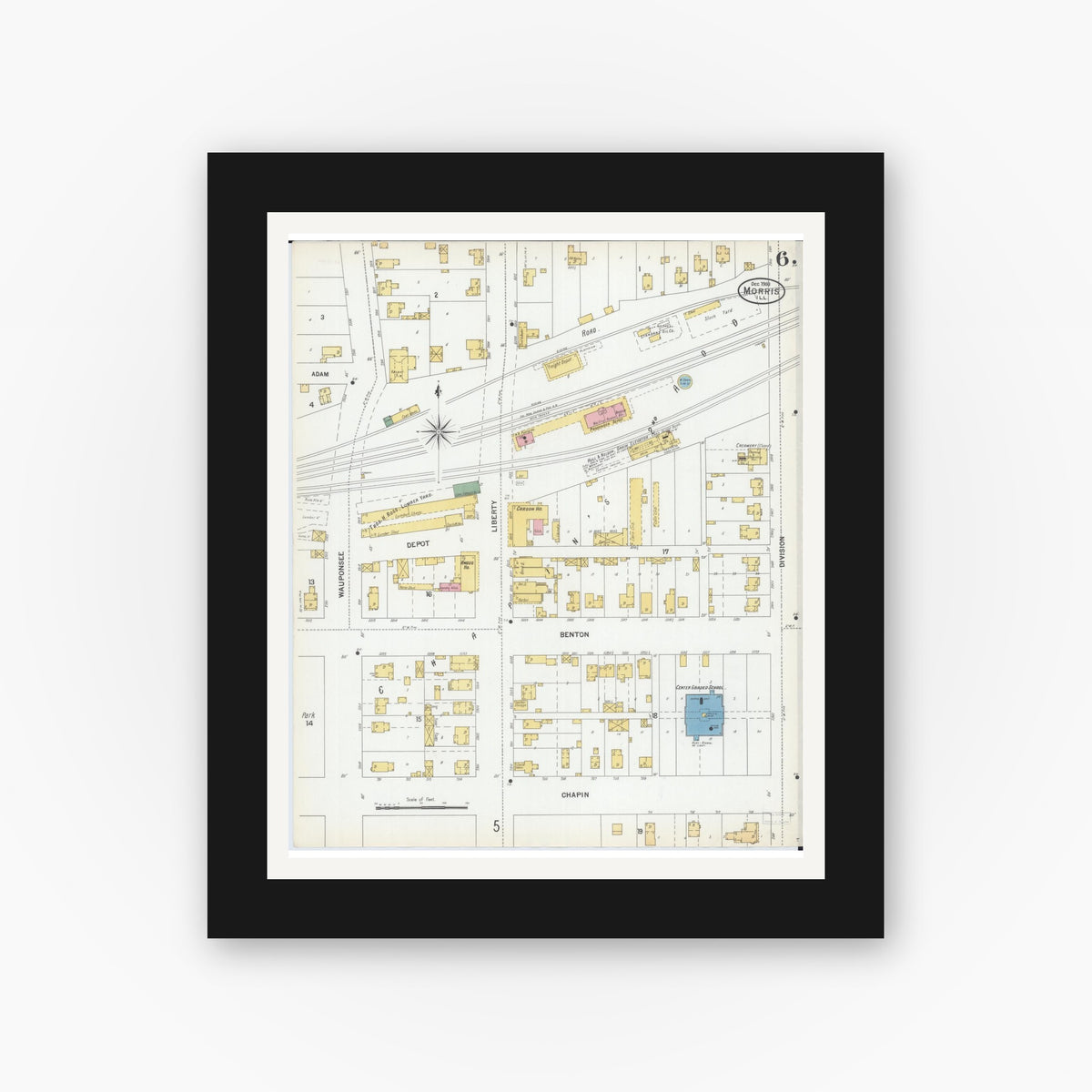 Old map wall art mockup — black gallery frame with white mat — Sanborn Fire Insurance Map from Morris, Grundy County, Illinois (1900), Sheet #0006
