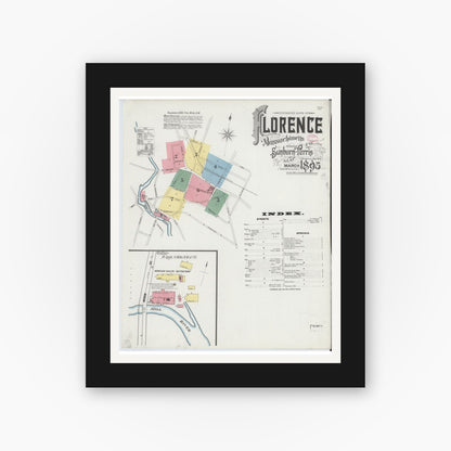 Old map wall art mockup — black gallery frame with white mat — Sanborn Fire Insurance Map from Florence, Hampshire County, Massachusetts (1895), Sheet #0001