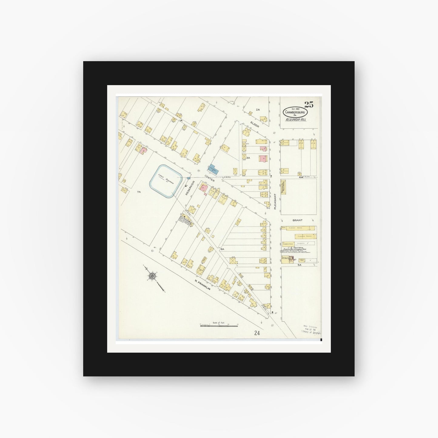 Old map wall art mockup — black gallery frame with white mat — Sanborn Fire Insurance Map from Chambersburg, Franklin County, Pennsylvania (1910), Sheet #0025