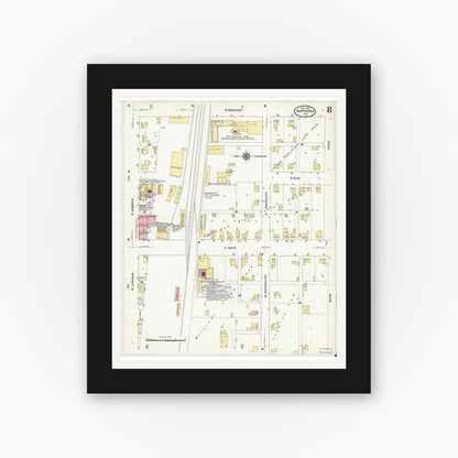 Old map wall art mockup — black gallery frame with white mat — Sanborn Fire Insurance Map from Nappanee, Elkhart County, Indiana (1910), Sheet #0008