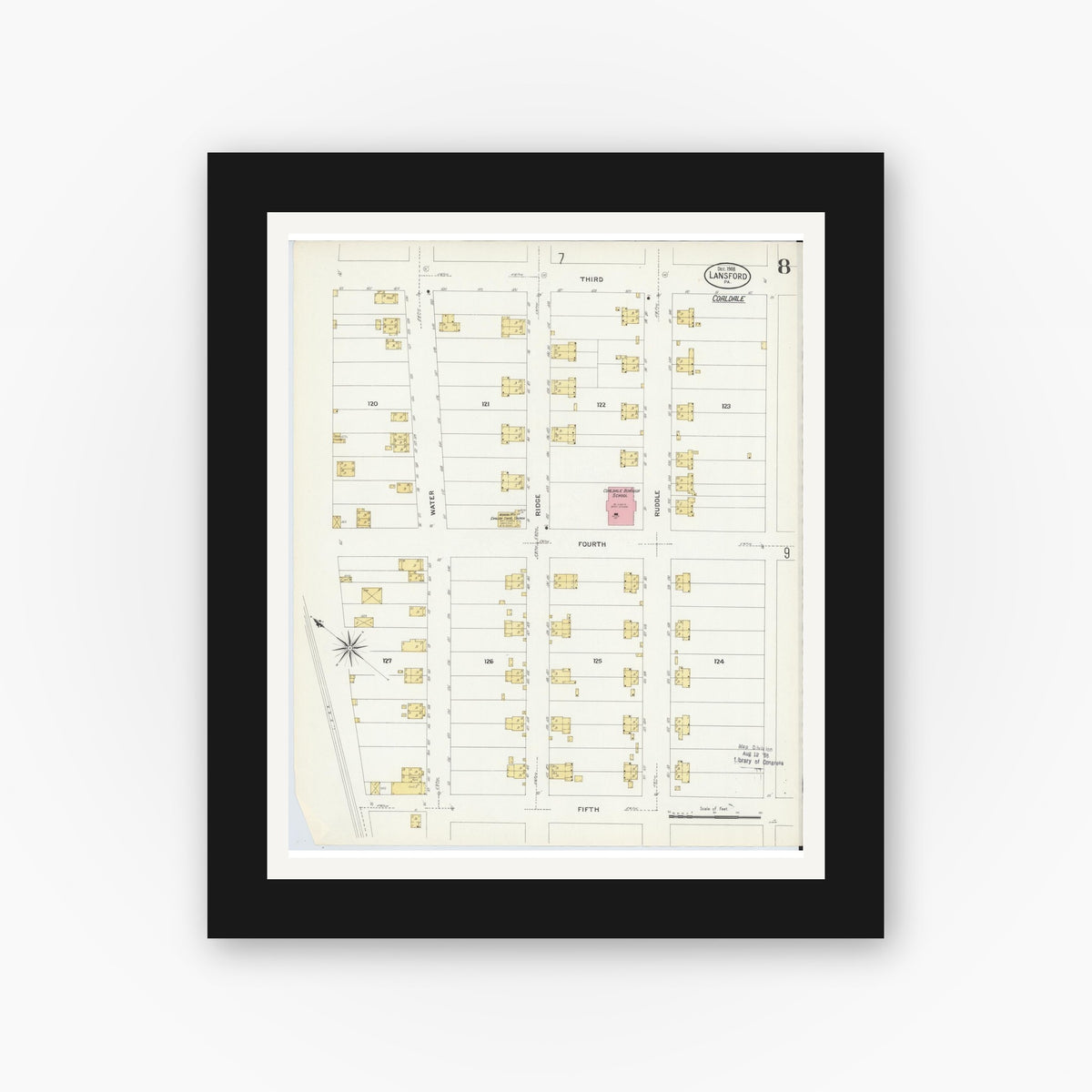 Old map wall art mockup — black gallery frame with white mat — Sanborn Fire Insurance Map from Lansford, Carbon County, Pennsylvania (1908), Sheet #0008