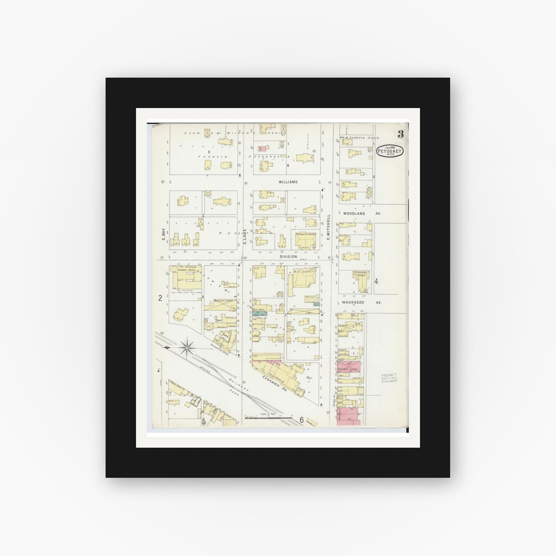 Old map wall art mockup — black gallery frame with white mat — Sanborn Fire Insurance Map from Petoskey, Emmet County, Michigan (1896), Sheet #0003