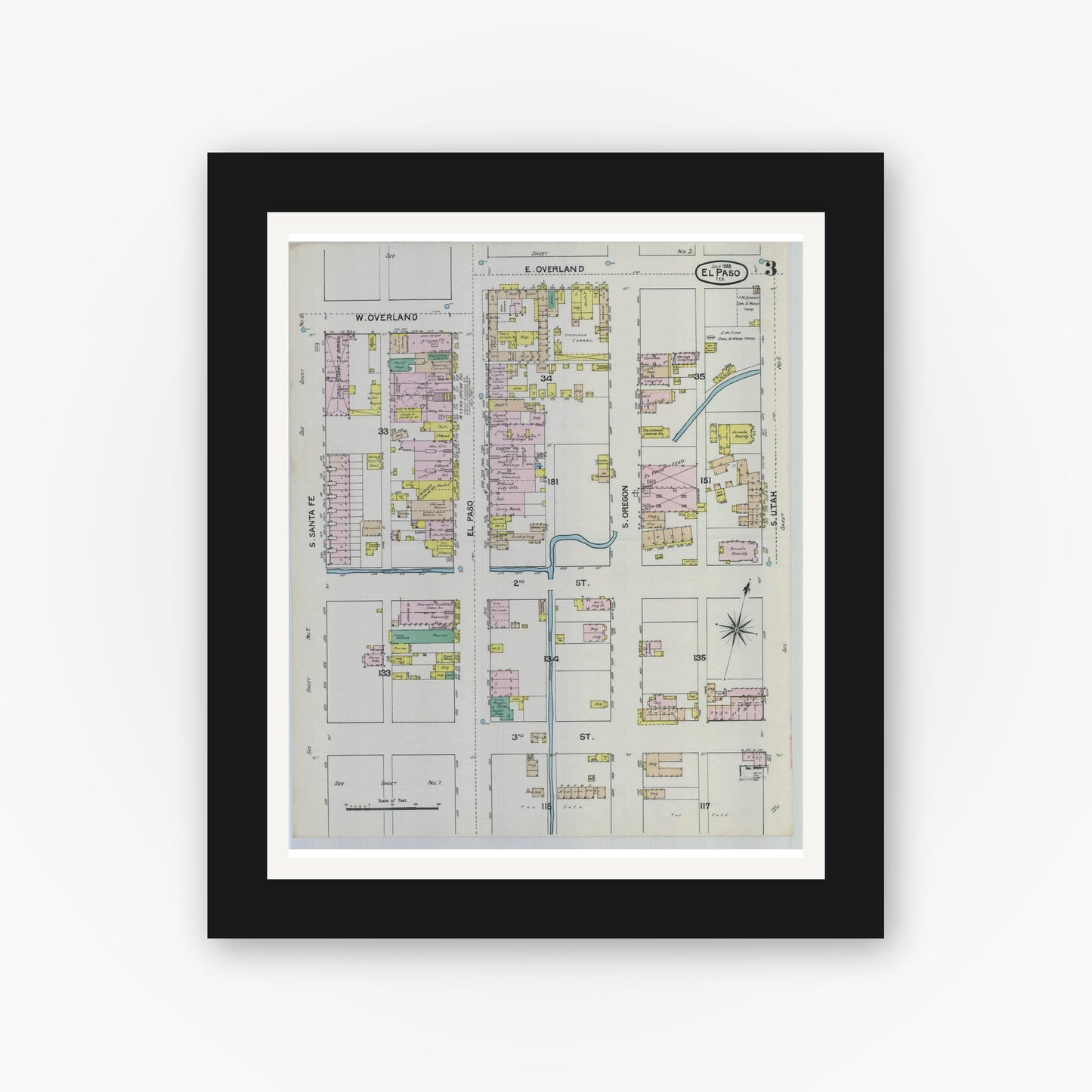 Old map wall art mockup — black gallery frame with white mat — Sanborn Fire Insurance Map from El Paso, El Paso County, Texas (1888), Sheet #0003