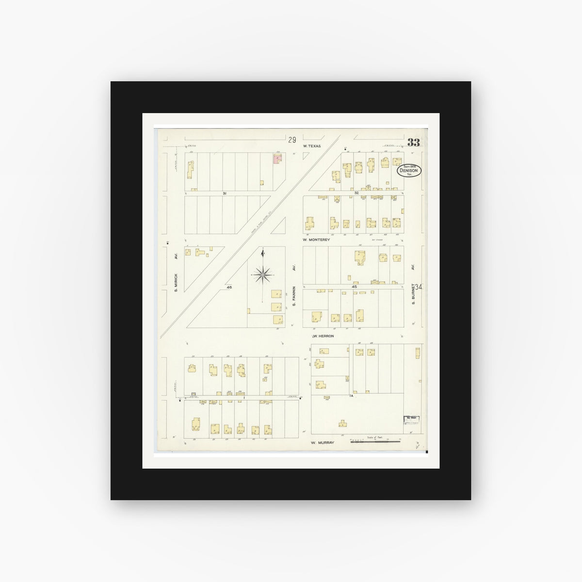 Old map wall art mockup — black gallery frame with white mat — Sanborn Fire Insurance Map from Denison, Grayson County, Texas (1908), Sheet #0033