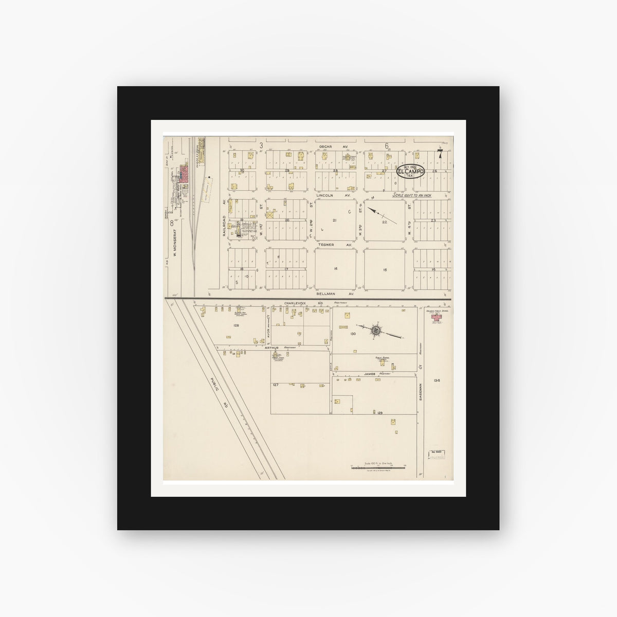 Old map wall art mockup — black gallery frame with white mat — Sanborn Fire Insurance Map from El Campo, Wharton County, Texas (1922), Sheet #0007