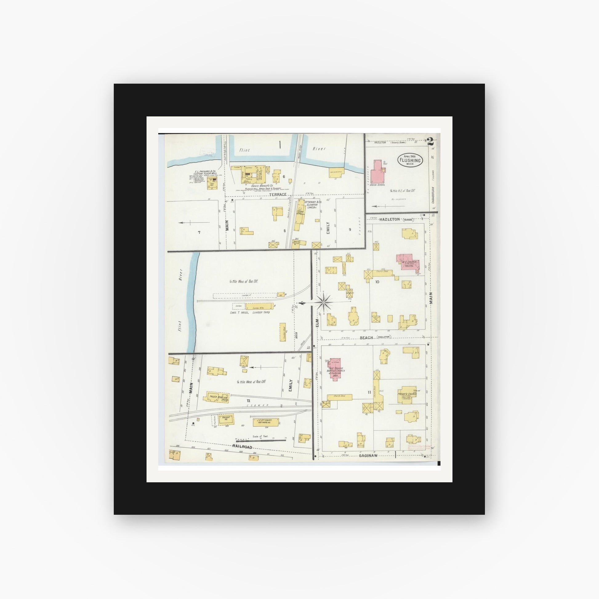Old map wall art mockup — black gallery frame with white mat — Sanborn Fire Insurance Map from Flushing, Genesee County, Michigan (1900), Sheet #0002