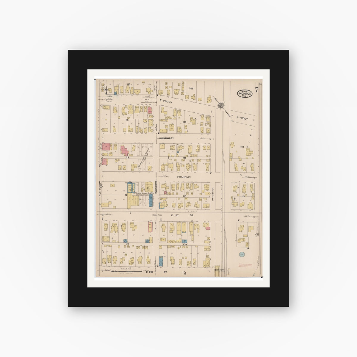Old map wall art mockup — black gallery frame with white mat — Sanborn Fire Insurance Map from Monroe, Monroe County, Michigan (1922), Sheet #0007