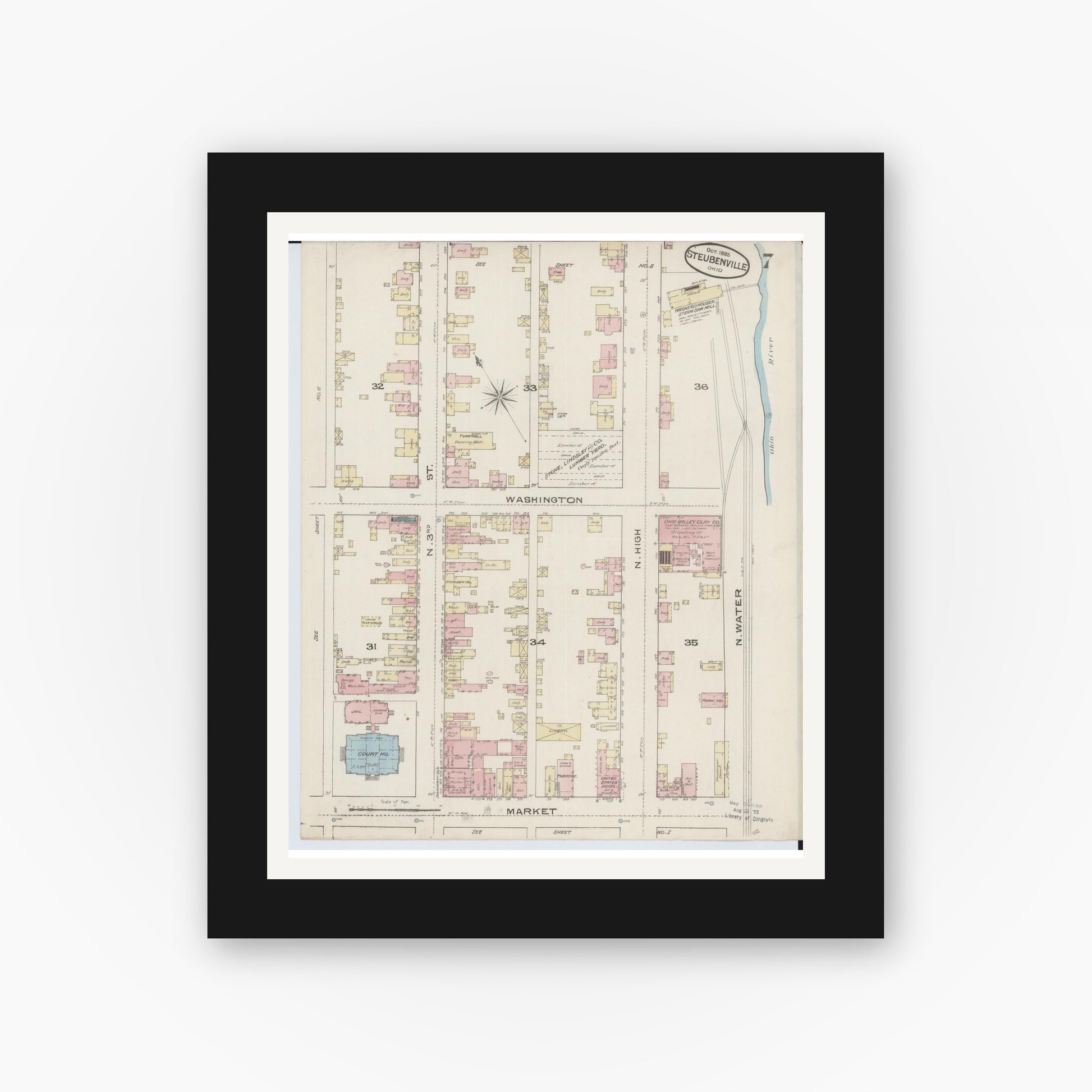 Old map wall art mockup — black gallery frame with white mat — Sanborn Fire Insurance Map from Steubenville, Jefferson County, Ohio (1885), Sheet #0007