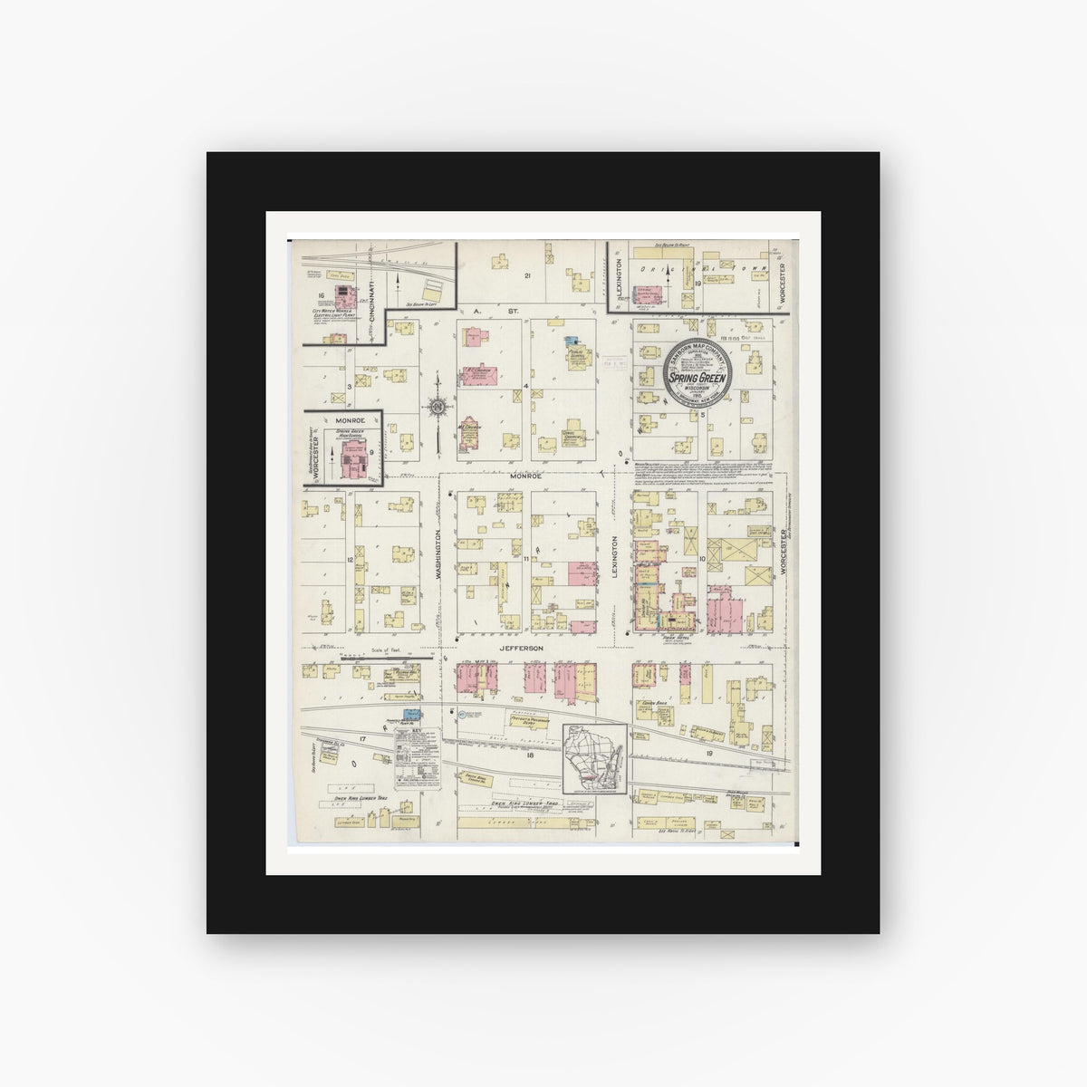 Old map wall art mockup — black gallery frame with white mat — Sanborn Fire Insurance Map from Spring Green, Sauk County, Wisconsin (1915), Sheet #0001
