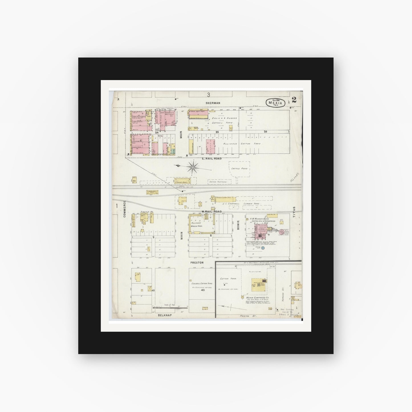 Old map wall art mockup — black gallery frame with white mat — Sanborn Fire Insurance Map from Mexia, Limestone County, Texas (1896), Sheet #0002