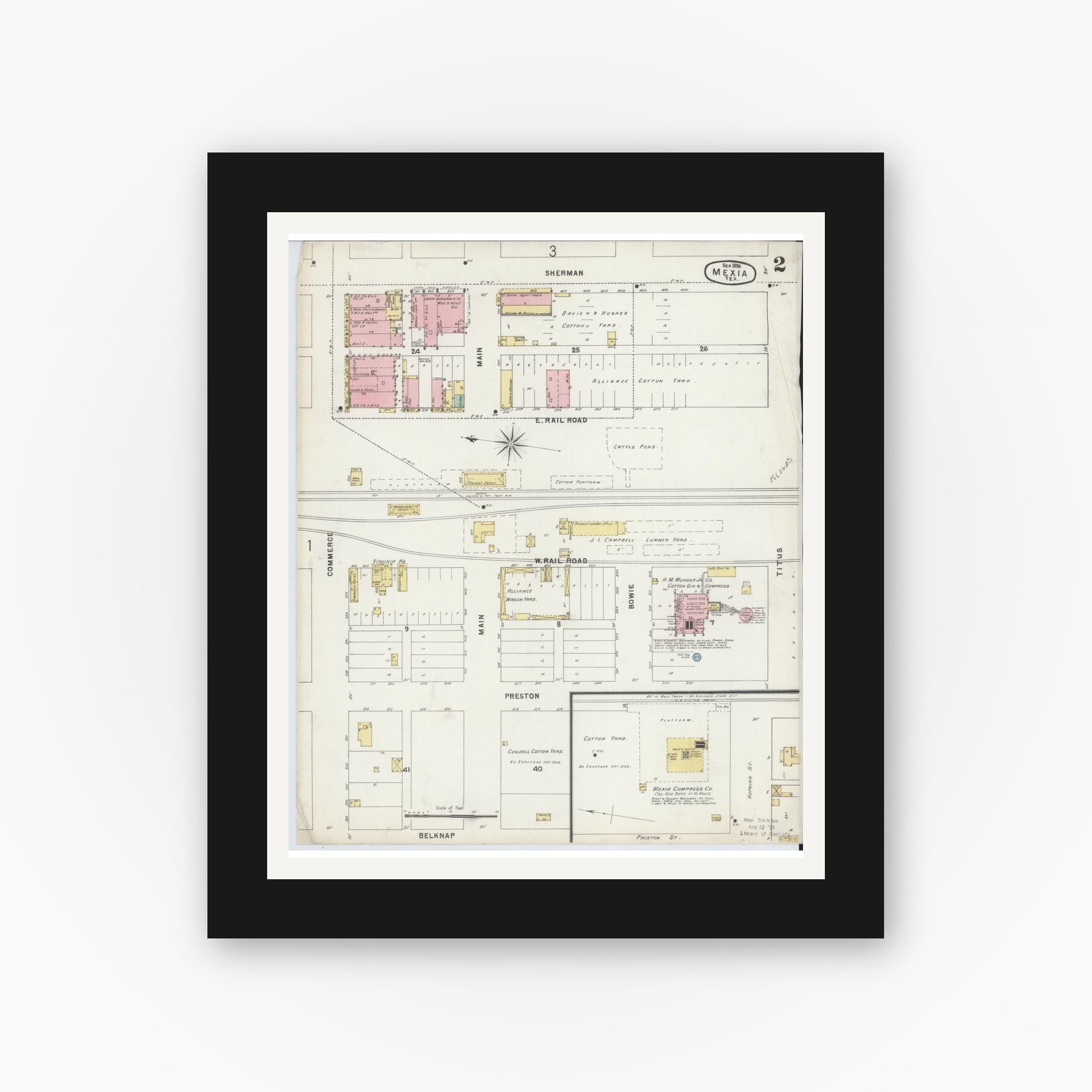 Old map wall art mockup — black gallery frame with white mat — Sanborn Fire Insurance Map from Mexia, Limestone County, Texas (1896), Sheet #0002