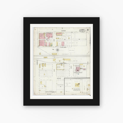 Old map wall art mockup — black gallery frame with white mat — Sanborn Fire Insurance Map from Mexia, Limestone County, Texas (1896), Sheet #0002
