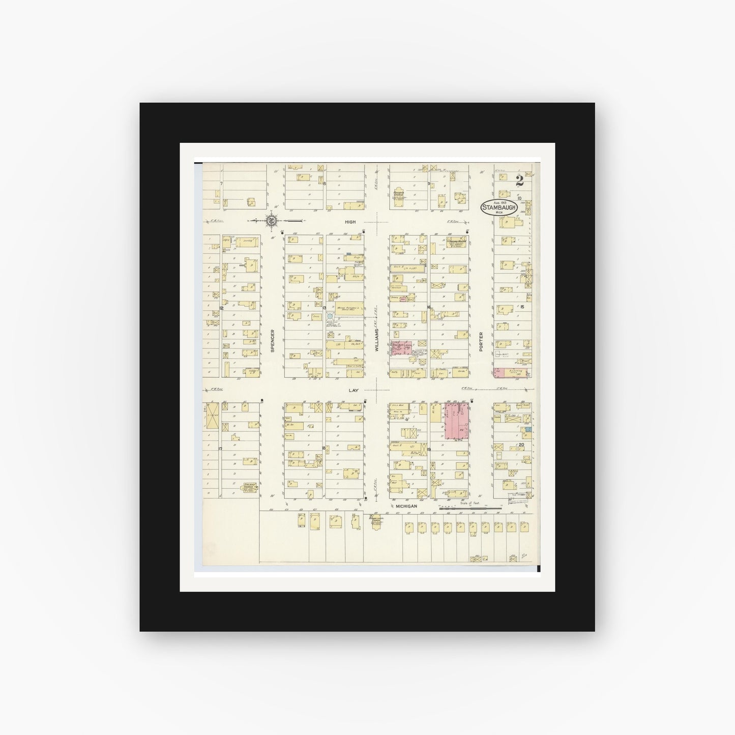 Old map wall art mockup — black gallery frame with white mat — Sanborn Fire Insurance Map from Stambaugh, Iron County, Michigan (1913), Sheet #0002