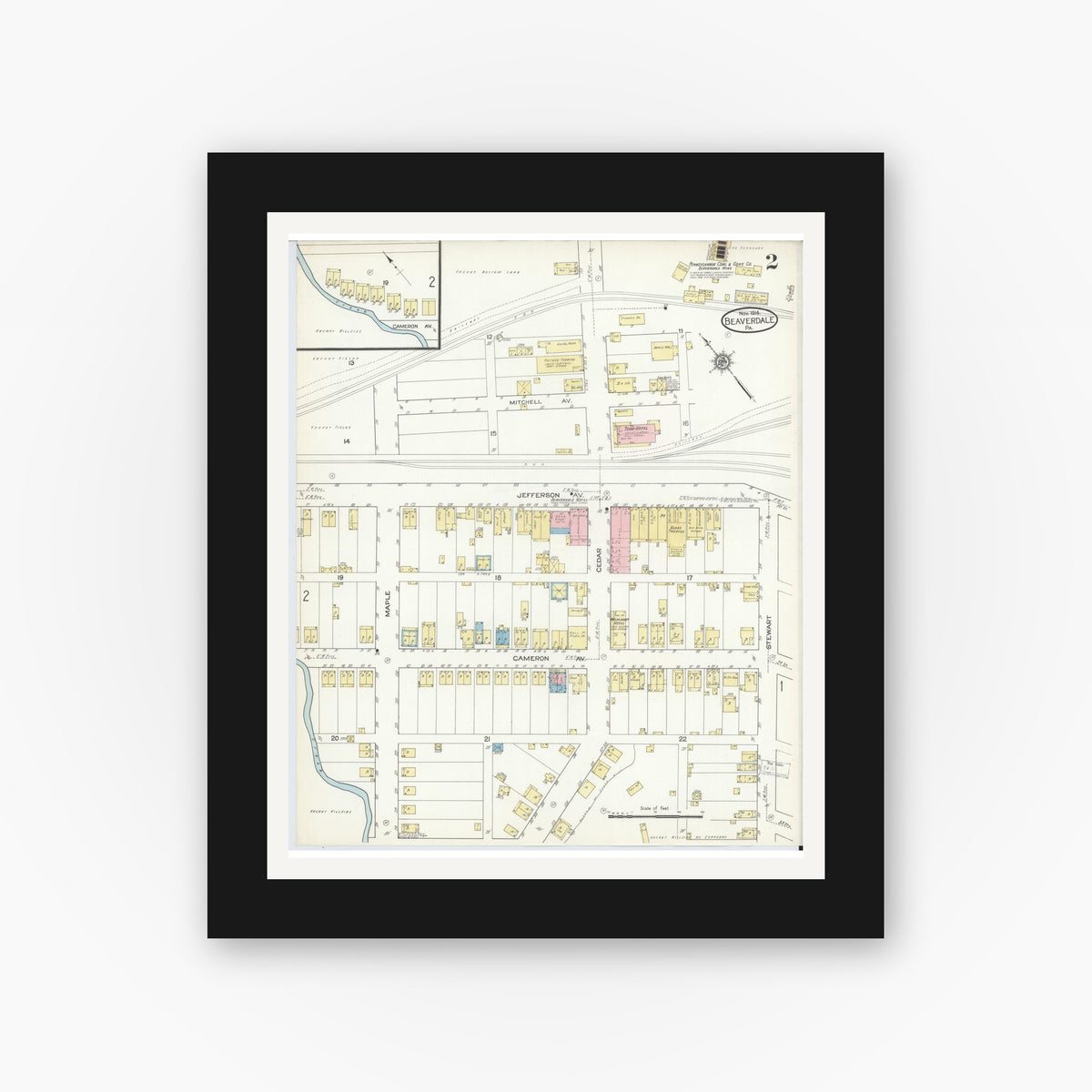 Old map wall art mockup — black gallery frame with white mat — Sanborn Fire Insurance Map from Beaverdale, Cambria County, Pennsylvania (1914), Sheet #0002