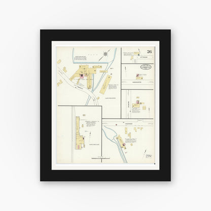 Old map wall art mockup — black gallery frame with white mat — Sanborn Fire Insurance Map from Leominster, Worcester County, Massachusetts (1912), Sheet #0026
