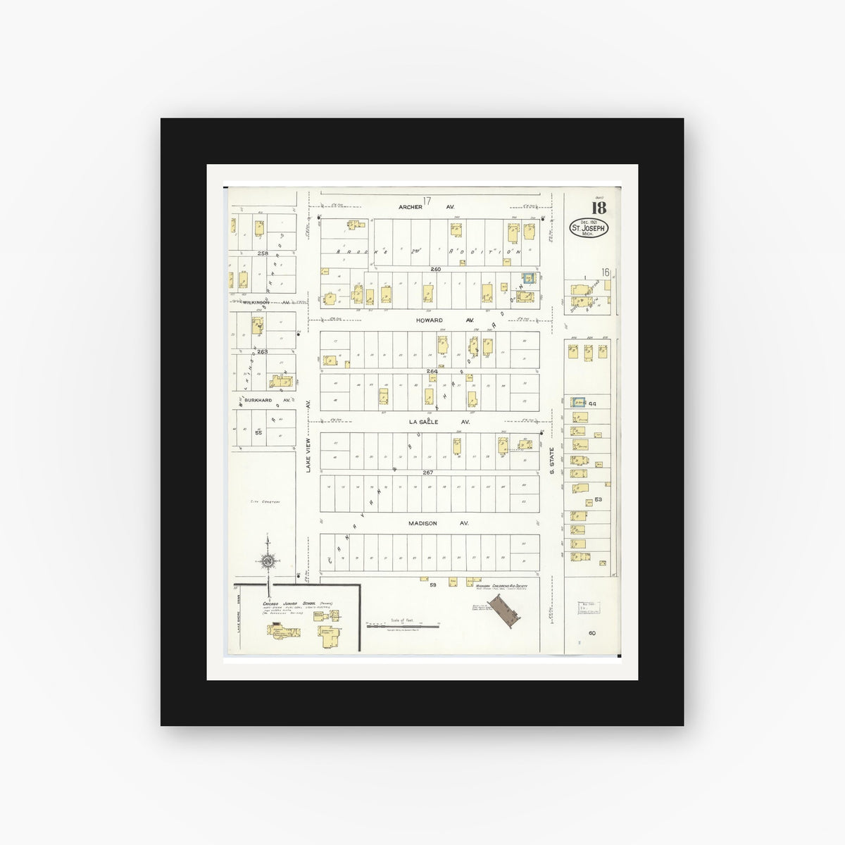 Old map wall art mockup — black gallery frame with white mat — Sanborn Fire Insurance Map from Saint Joseph, Berrien County, Michigan (1921), Sheet #0018