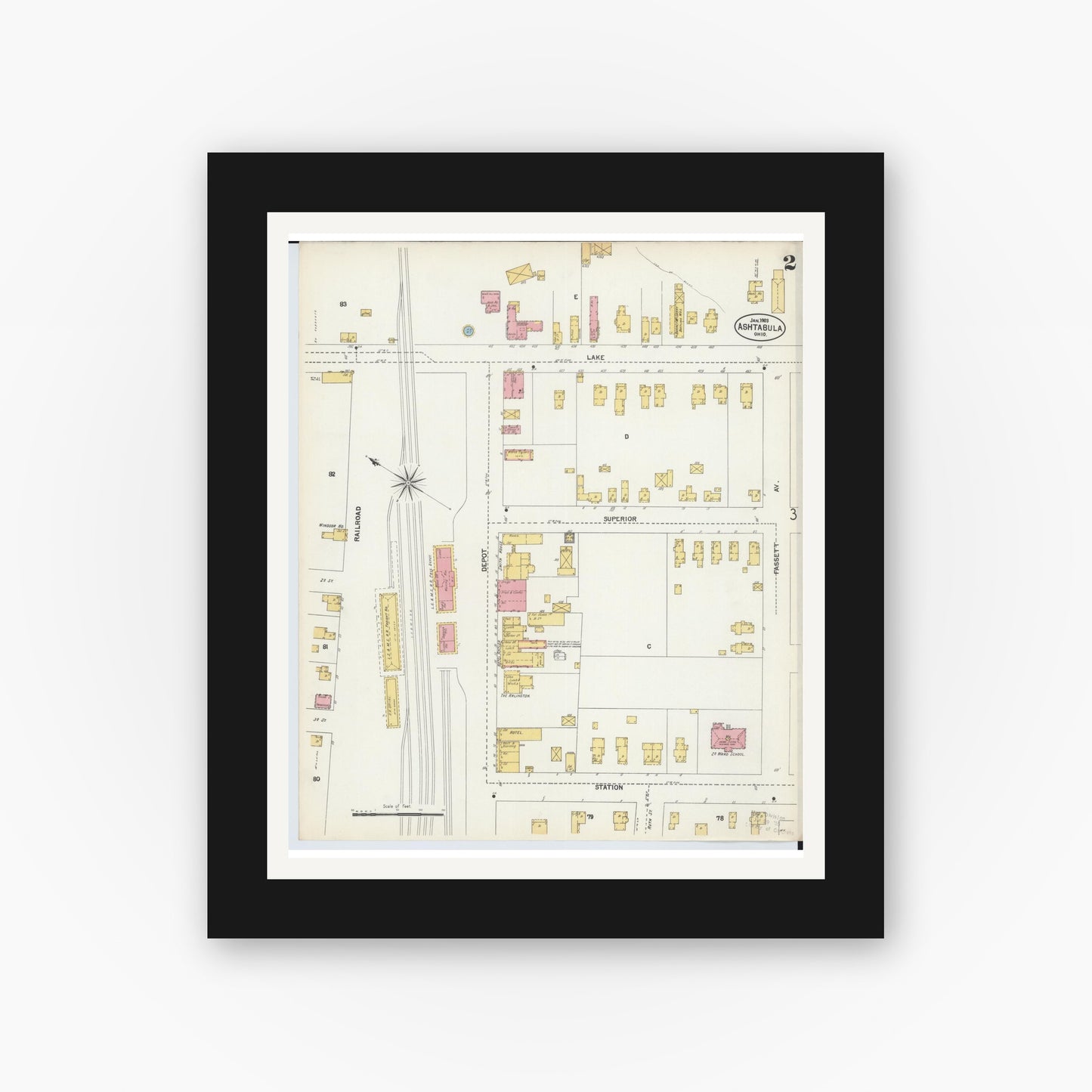 Old map wall art mockup — black gallery frame with white mat — Sanborn Fire Insurance Map from Ashtabula, Ashtabula County, Ohio (1903), Sheet #0002