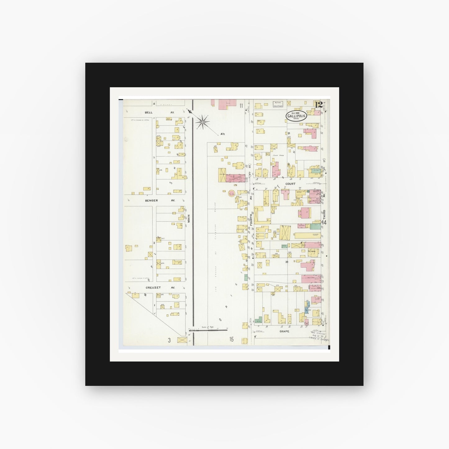 Old map wall art mockup — black gallery frame with white mat — Sanborn Fire Insurance Map from Gallipolis, Gallia County, Ohio (1908), Sheet #0012