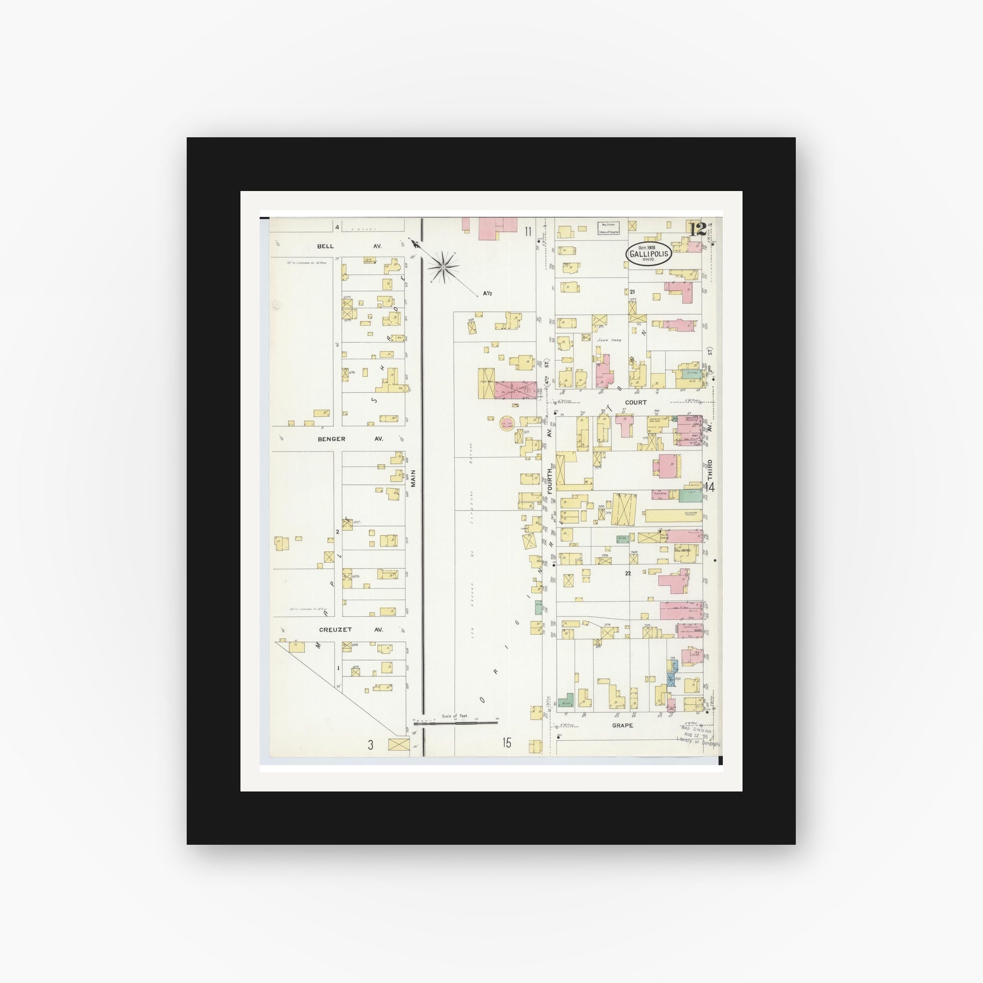 Old map wall art mockup — black gallery frame with white mat — Sanborn Fire Insurance Map from Gallipolis, Gallia County, Ohio (1908), Sheet #0012