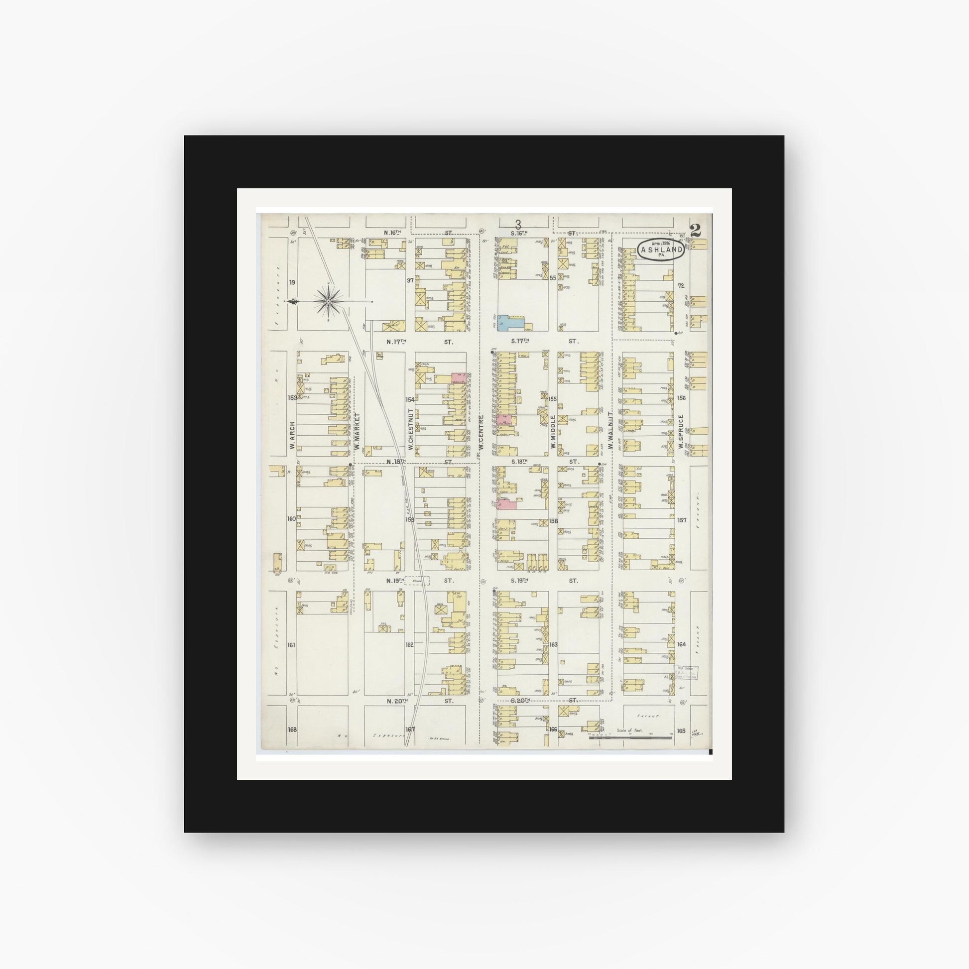 Old map wall art mockup — black gallery frame with white mat — Sanborn Fire Insurance Map from Ashland, Schuylkill County, Pennsylvania (1896), Sheet #0002