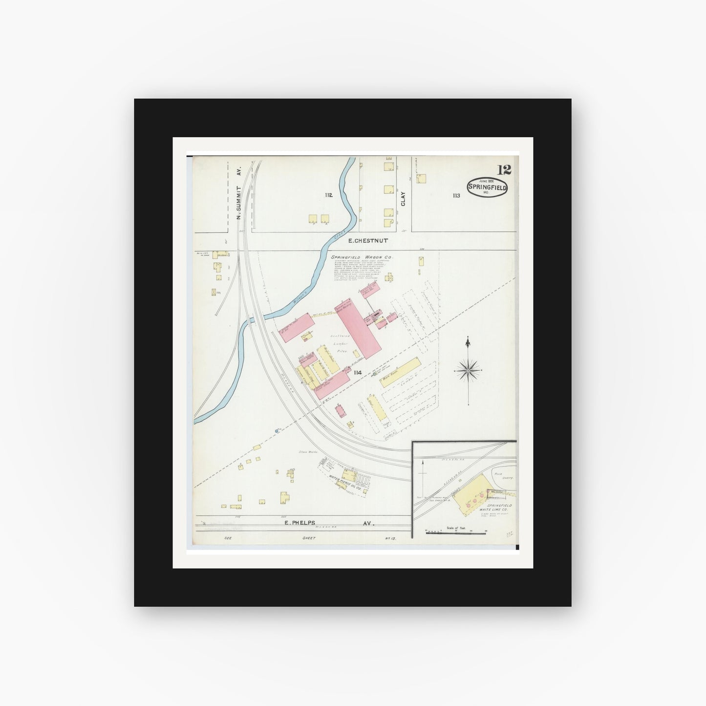 Old map wall art mockup — black gallery frame with white mat — Sanborn Fire Insurance Map from Springfield, Greene County, Missouri (1891), Sheet #0012