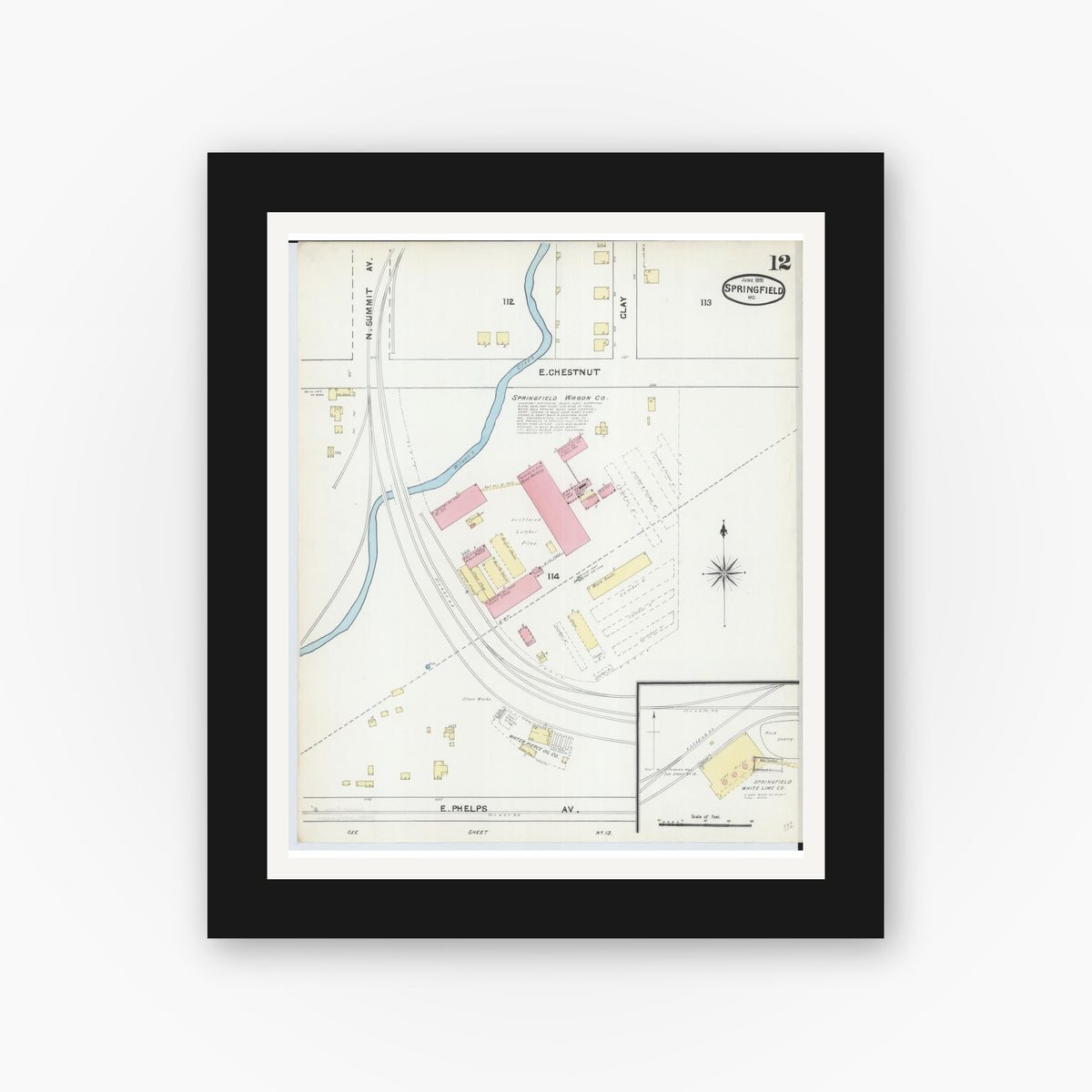 Old map wall art mockup — black gallery frame with white mat — Sanborn Fire Insurance Map from Springfield, Greene County, Missouri (1891), Sheet #0012