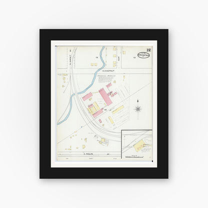 Old map wall art mockup — black gallery frame with white mat — Sanborn Fire Insurance Map from Springfield, Greene County, Missouri (1891), Sheet #0012