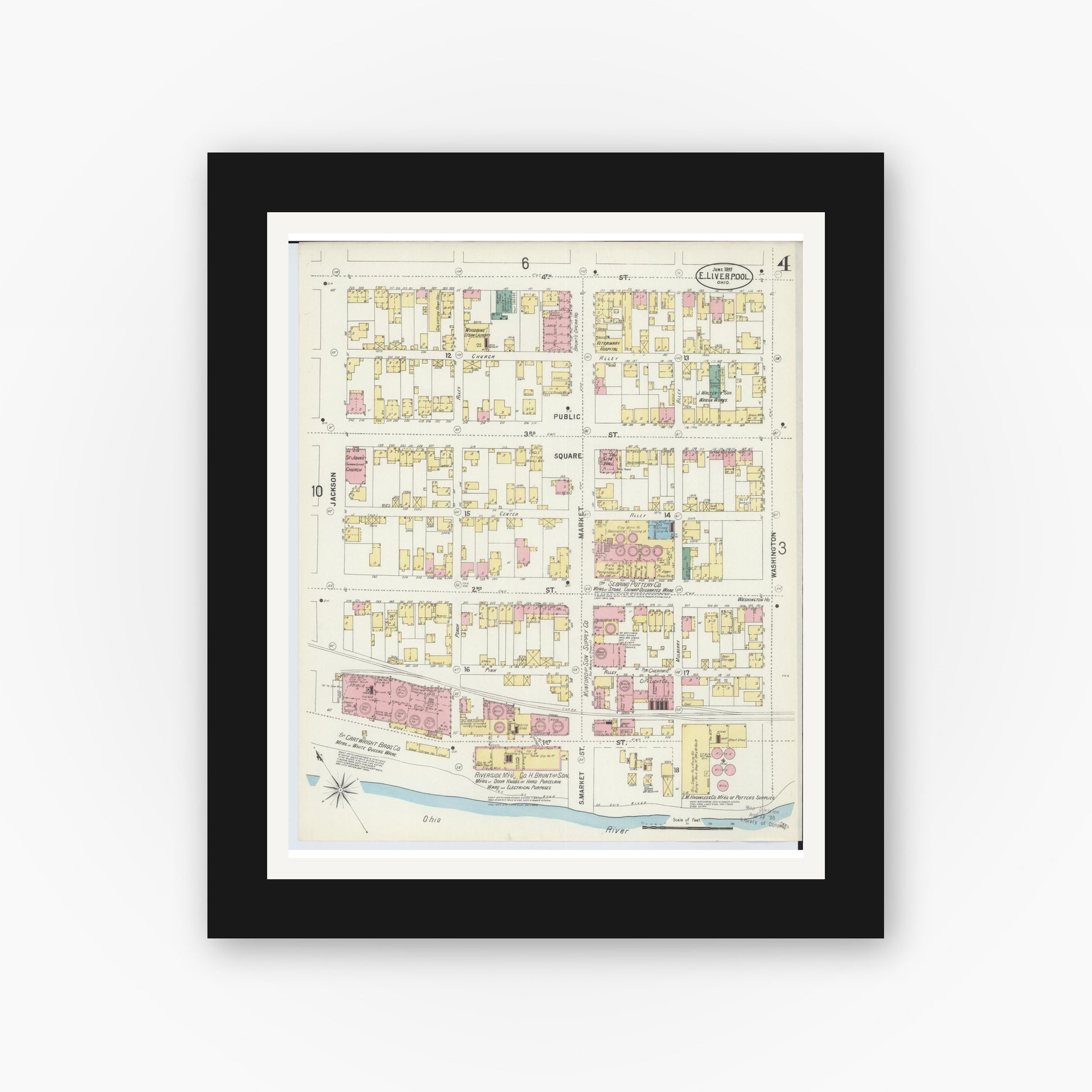 Old map wall art mockup — black gallery frame with white mat — Sanborn Fire Insurance Map from East Liverpool, Columbiana County, Ohio (1897), Sheet #0004