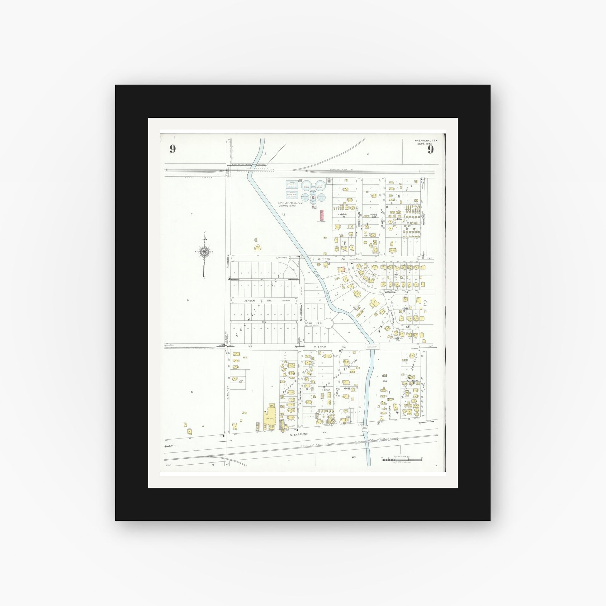 Old map wall art mockup — black gallery frame with white mat — Sanborn Fire Insurance Map from Pasadena, Harris County, Texas (1943), Sheet #0009