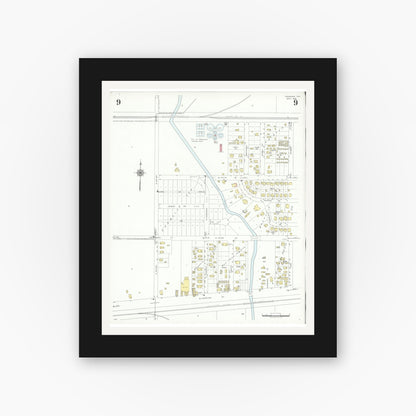 Old map wall art mockup — black gallery frame with white mat — Sanborn Fire Insurance Map from Pasadena, Harris County, Texas (1943), Sheet #0009